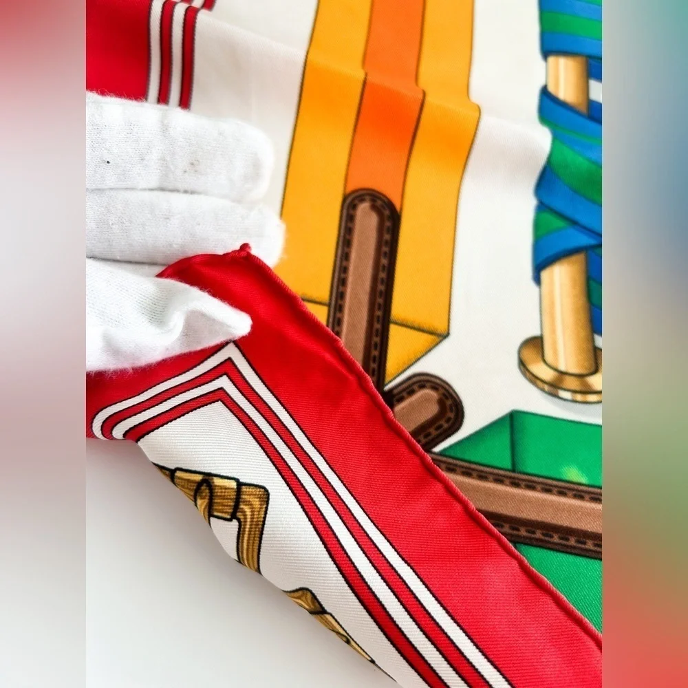 HERMES Paris Authentic 100% Silk Carre 90 J. Metz Les Sangles Rare Red Border - Picture 9 of 16